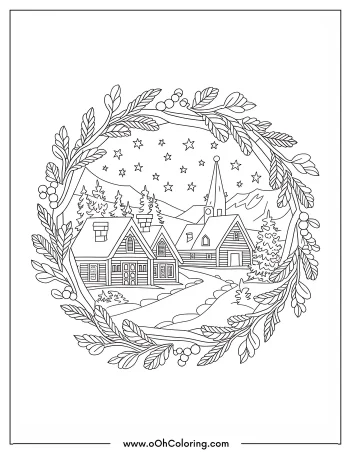 Coloring page with a winter village, houses, church, wreath, and stars.