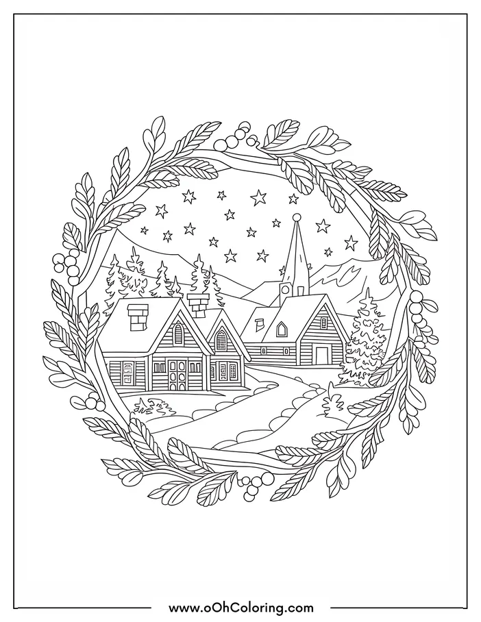 Coloring page with a winter village, houses, church, wreath, and stars.