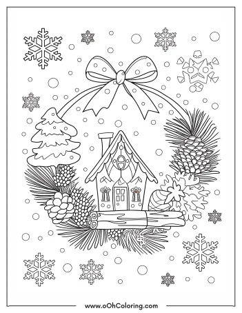 Cozy house surrounded by snowflakes, pine cones, and a ribboned bow in winter theme.