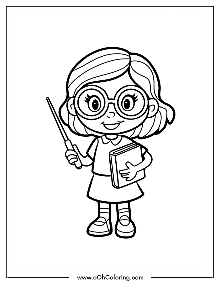 Young girl with glasses holding a book and a wand in a coloring page.