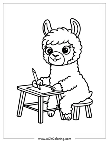 A coloring page of an alpaca sitting at a desk with a pencil