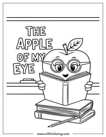 A coloring page of an apple with glasses reading a book