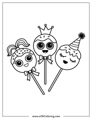 Coloring page of three cute cake pops with faces and party decorations