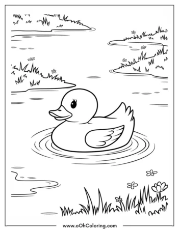 A coloring page of a duck swimming in a pond with flowers around it