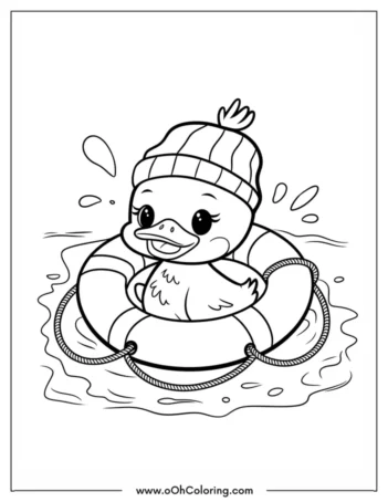 A coloring page of a duck with a beanie in a life ring on the water