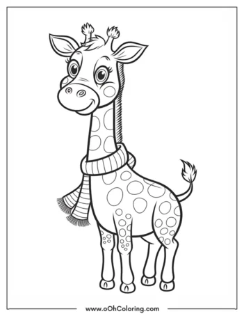 A coloring page of a smiling giraffe with a scarf