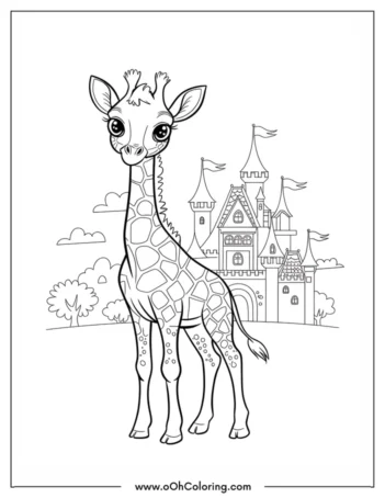 A coloring page of a cute giraffe standing in front of a castle