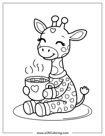 Coloring page of a cute giraffe in pajamas holding a cup of hot chocolate
