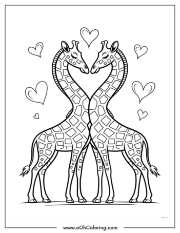 A coloring page of two giraffes with hearts around them