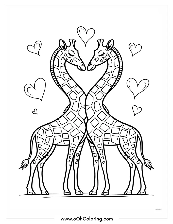 A coloring page of two giraffes with hearts around them