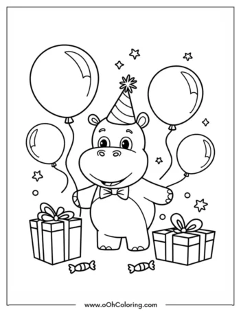 A coloring page of a smiling hippo with balloons and presents