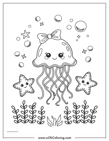 A coloring page with a smiling jellyfish with a bow and starfish in an ocean setting