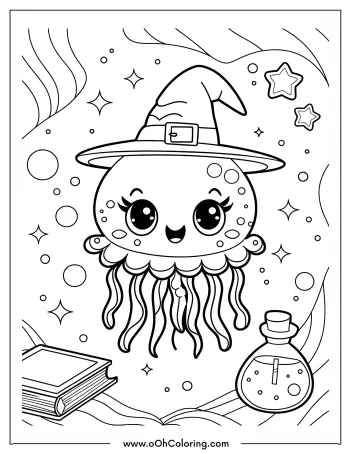 A coloring page of a jellyfish with a witch's hat and magical elements