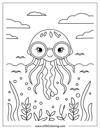 A coloring page of a smiling jellyfish wearing glasses under the sea