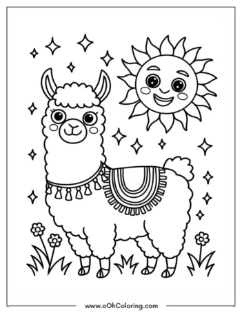 A coloring page of a llama with a decorative saddle and a smiling sun