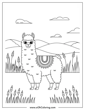 A coloring page of a fluffy llama in a field with hills