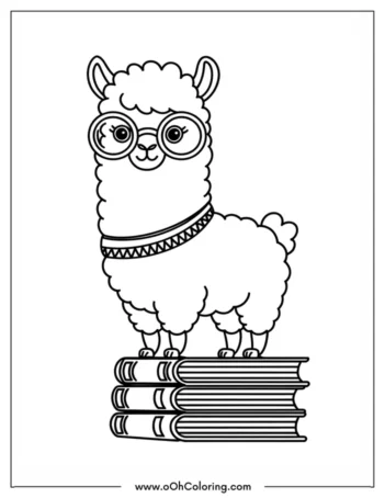 Coloring page of a llama with glasses standing on books