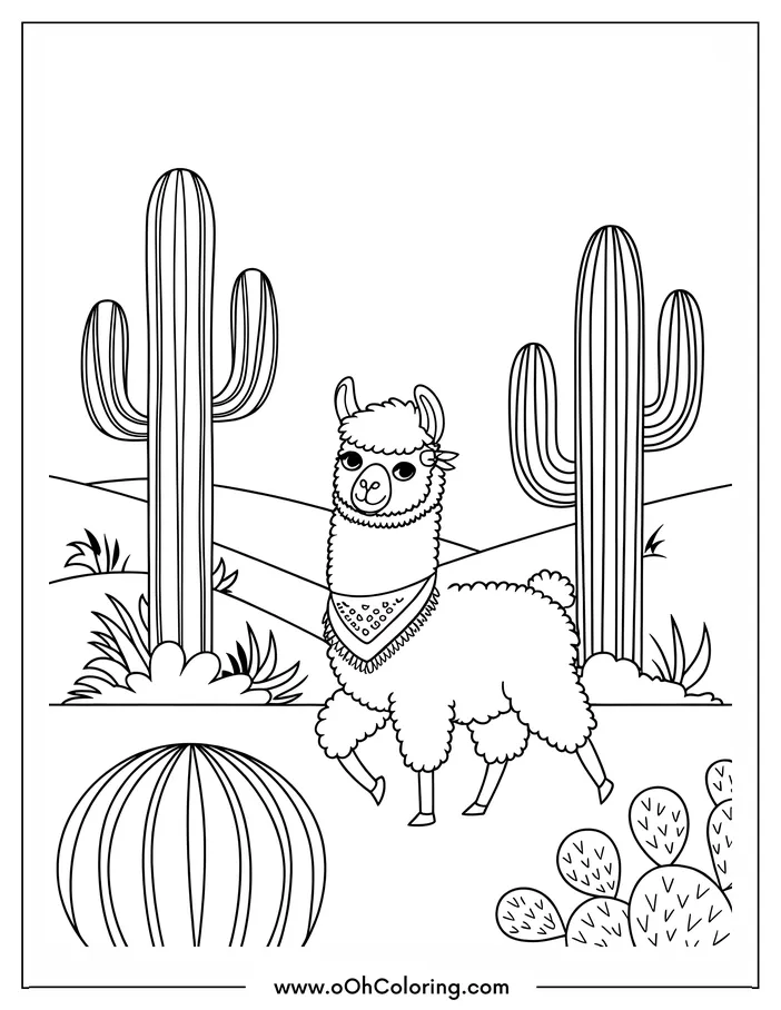 A coloring page of a cute llama in a desert with cacti