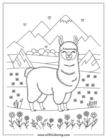 A coloring page of a llama standing in front of mountains with flowers around