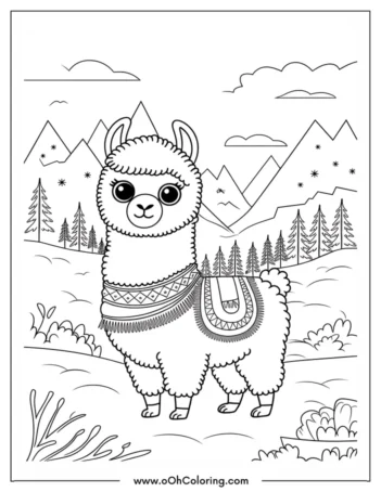 A coloring page of an adorable llama in a mountainous landscape