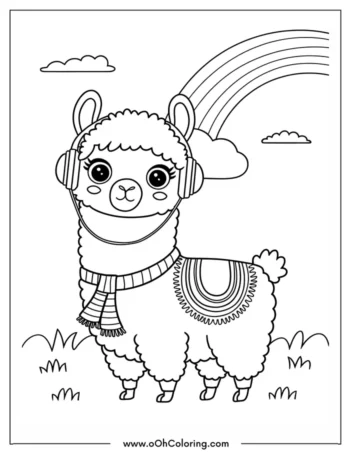 A coloring page of a llama wearing headphones and a scarf with a rainbow in the background