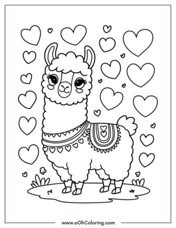 A coloring page of an adorable llama with a bow tie and hearts around it