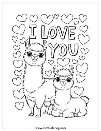 Coloring page of two llamas with hearts and 'I Love You' text