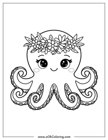 A coloring page of a cute octopus with a floral crown