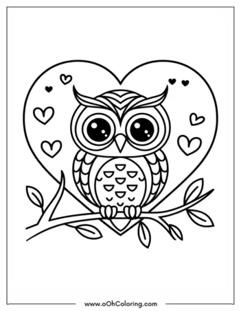 A coloring page of an owl on a branch with hearts around it