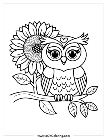 A coloring page of an adorable owl sitting on a branch with a sunflower