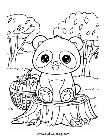 Coloring page of a panda on a tree stump with pumpkins nearby