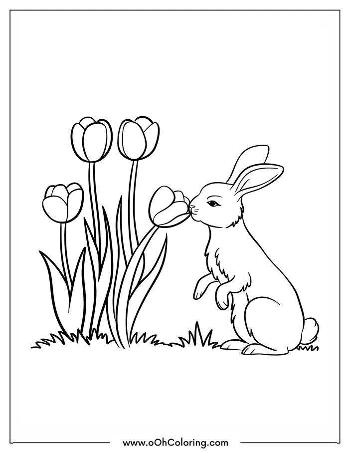 A coloring page of an adorable rabbit smelling tulips