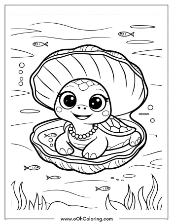 Coloring page of a cute turtle sitting inside a clam shell surrounded by fish