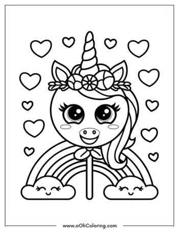 A coloring page of a unicorn lollipop with hearts and a rainbow