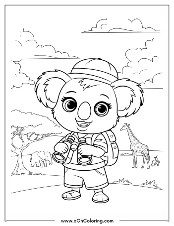 A koala with binoculars and a backpack, with an elephant and giraffe in the background.