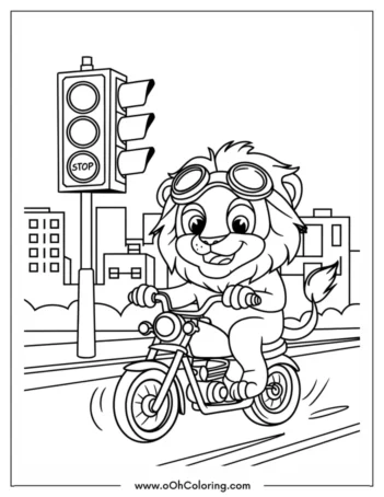 Coloring page of a lion riding a motorcycle with a traffic light in the background