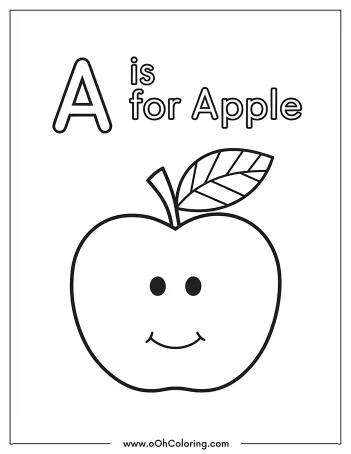 Coloring page with the letter A and a smiling apple
