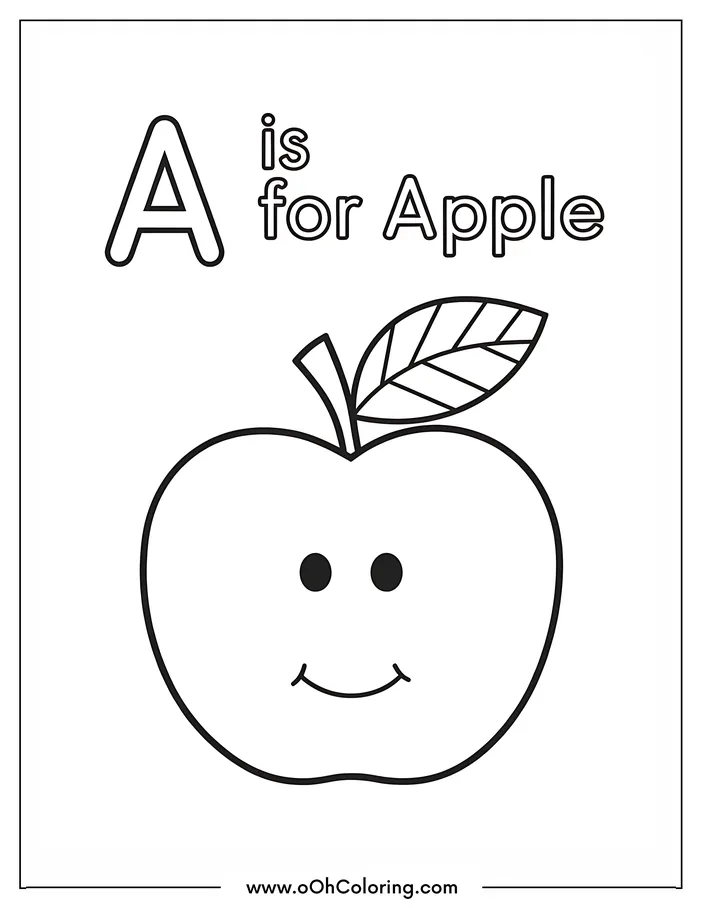 Coloring page with the letter A and a smiling apple