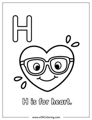 Coloring page of the letter H with a smiling heart wearing glasses.