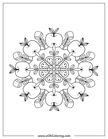 A mandala coloring page with apples and leaves in a symmetrical pattern