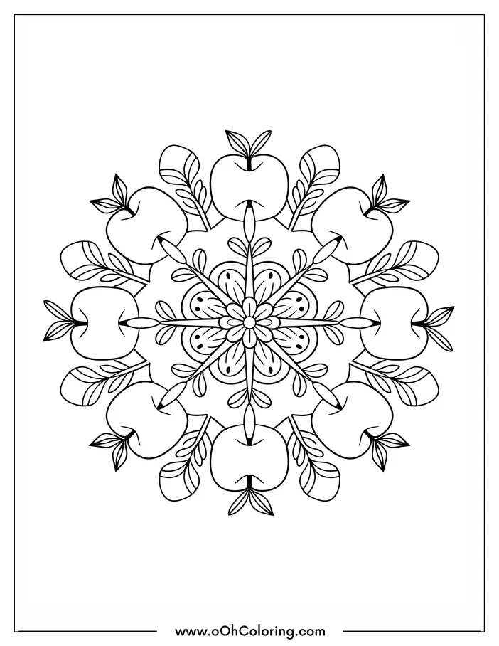 A mandala coloring page with apples and leaves in a symmetrical pattern