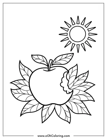 A coloring page of an apple with leaves and a sun overhead