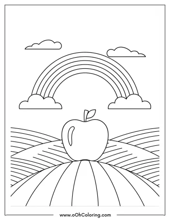 A coloring page of an apple with a rainbow in the background