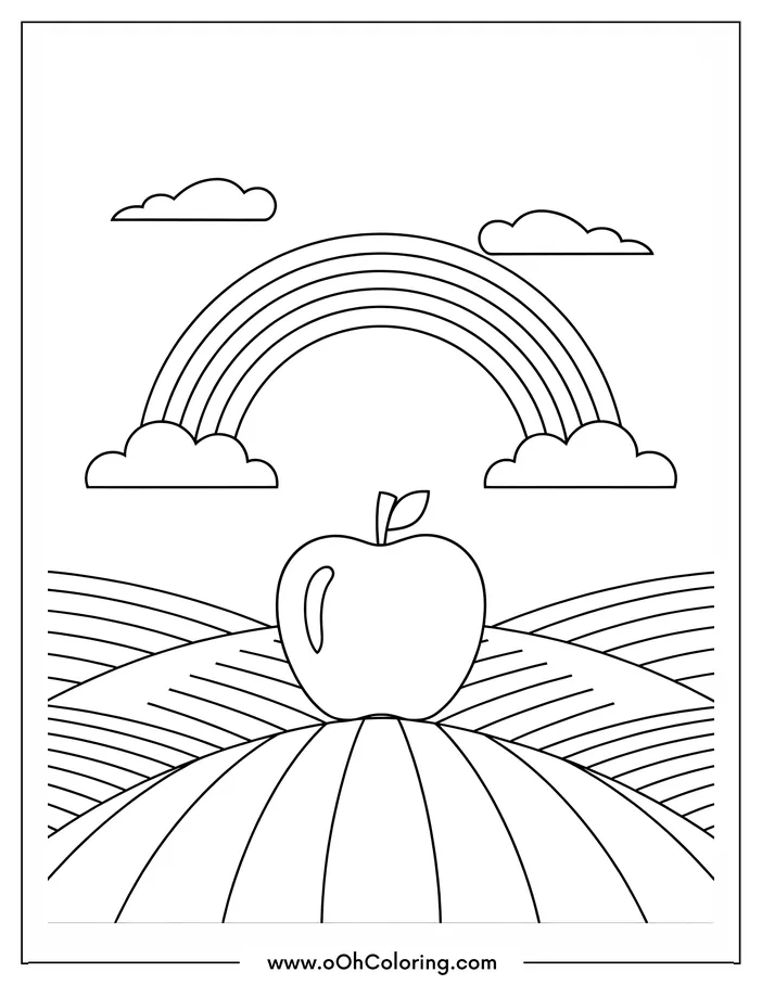A coloring page of an apple with a rainbow in the background