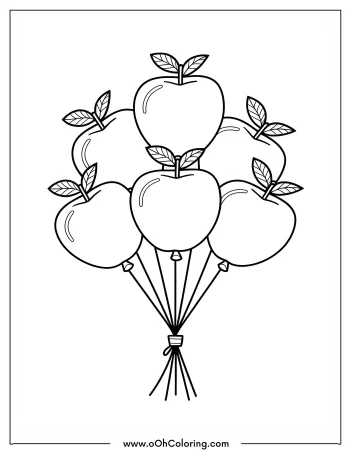 A coloring page of a bouquet with balloons shaped like apples