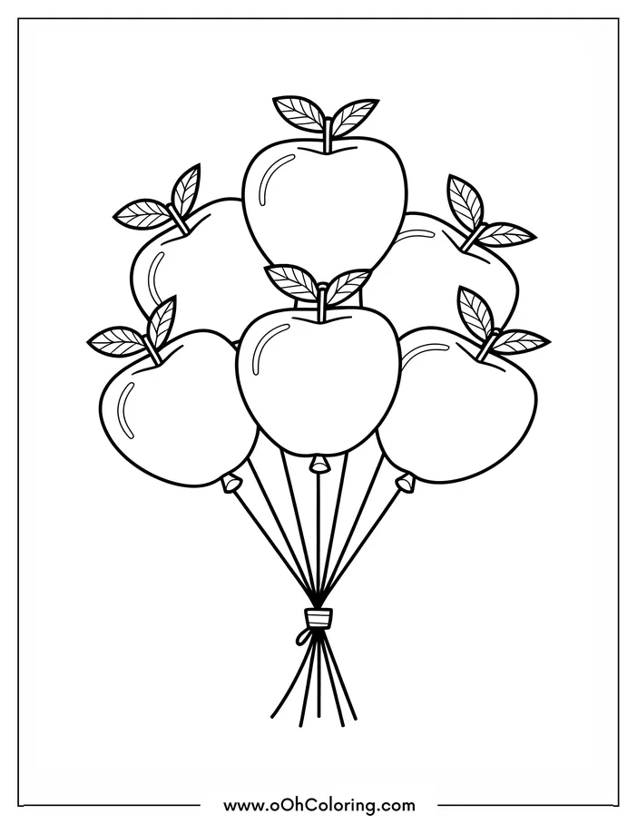 A coloring page of a bouquet with balloons shaped like apples