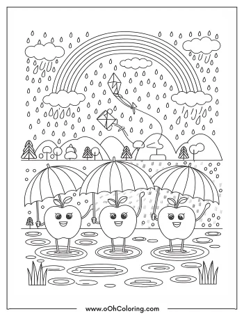 Coloring page of three apples with umbrellas in a rainy scene with a rainbow.