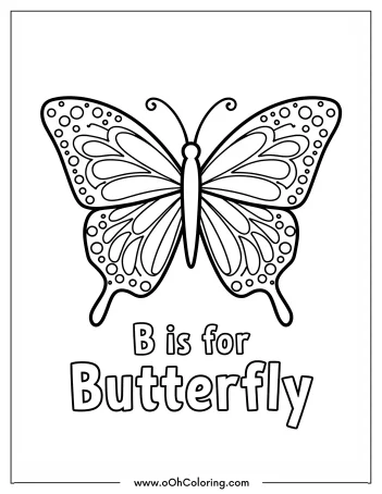 Coloring page showing a butterfly with the text 'B is for Butterfly'.
