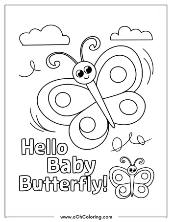 Coloring page of a cute baby butterfly with decorative patterns and smiling eyes, with clouds in the background.