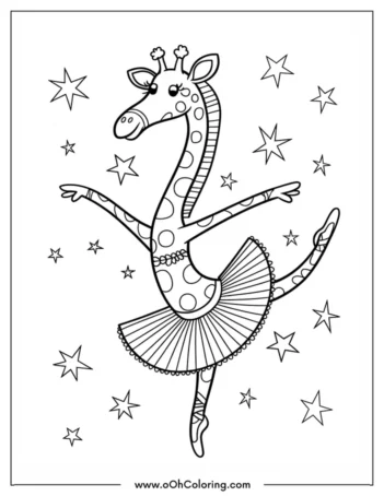 A coloring page of a giraffe wearing a tutu and performing ballet, with stars around it.